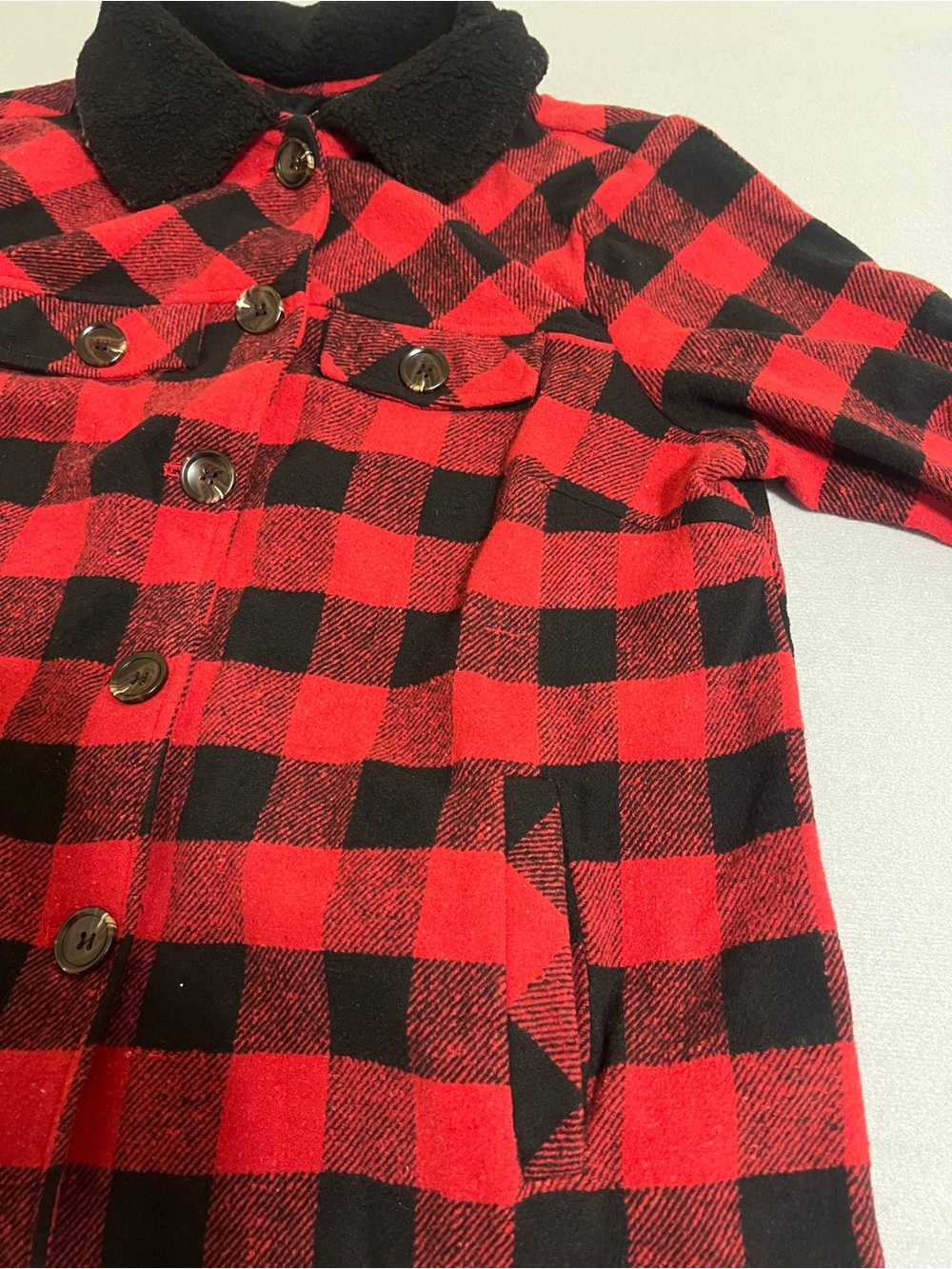 BloomChic Red & Black Buffalo Plaid Jean-Style Jacket with Black Sherpa Collar - Picture 2 of 7